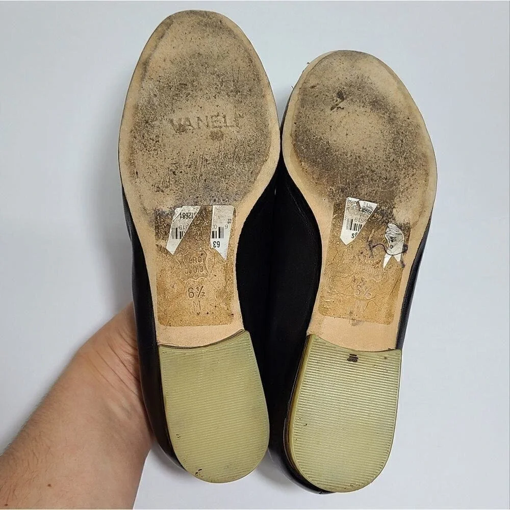 Vaneli Black Leather Round‎ Toe Ballet Flats Clear Lucite Block Heel Size 6.5